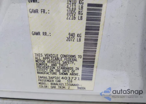 2014 Nissan Altima 2.5/2.5 S/2.5 Sl/2.5 Sv z USA, uszkodzony, nr VIN 1N4AL3AP5EC403721